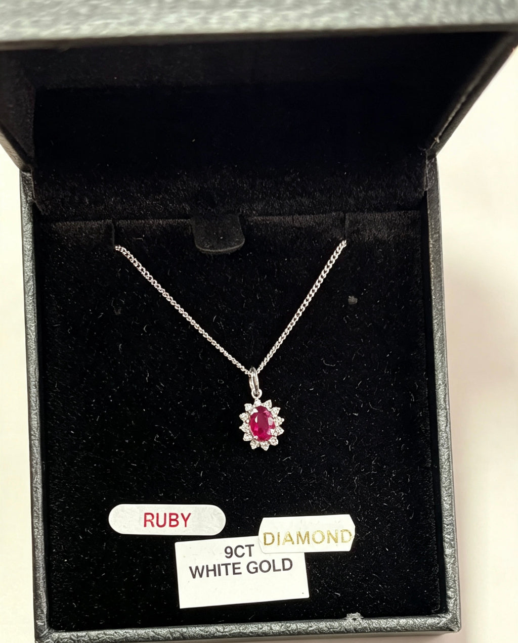 9ct white gold diamond and ruby necklace