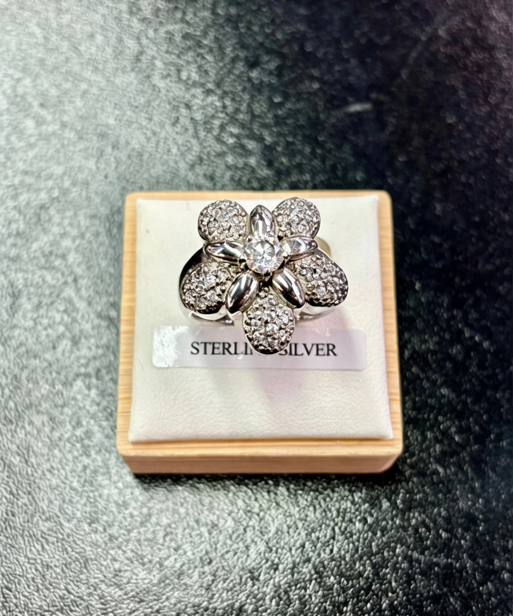 925 sterling silver large blooming  flower c/z statement ring N