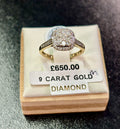 9ct gold diamond cluster ring. M